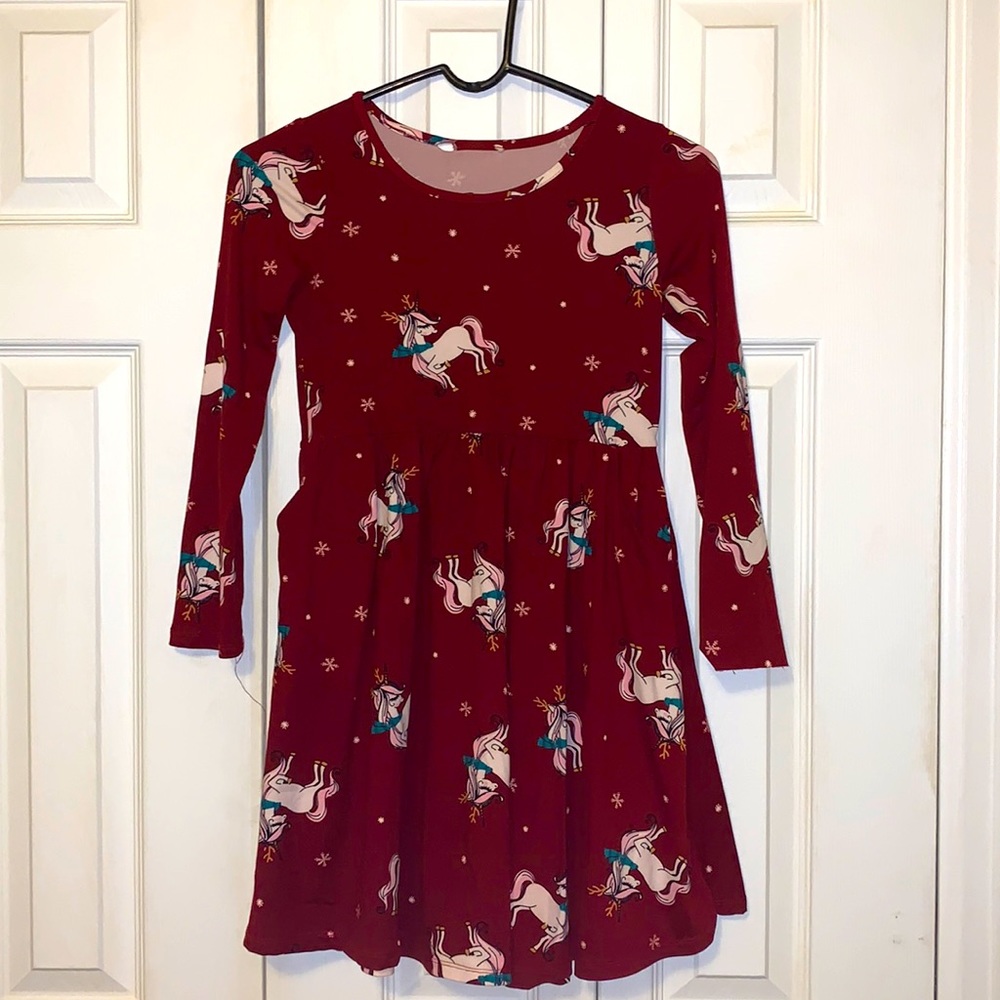 Girls Maroon Festive 🎄 Holiday 🦄 Unicorn Dress w/pockets (L10/12)